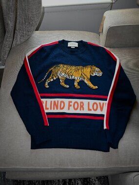 GUCCI Navy Blue “BLIND FOR LOVE” Tiger Sweater (IT XS US S/M)